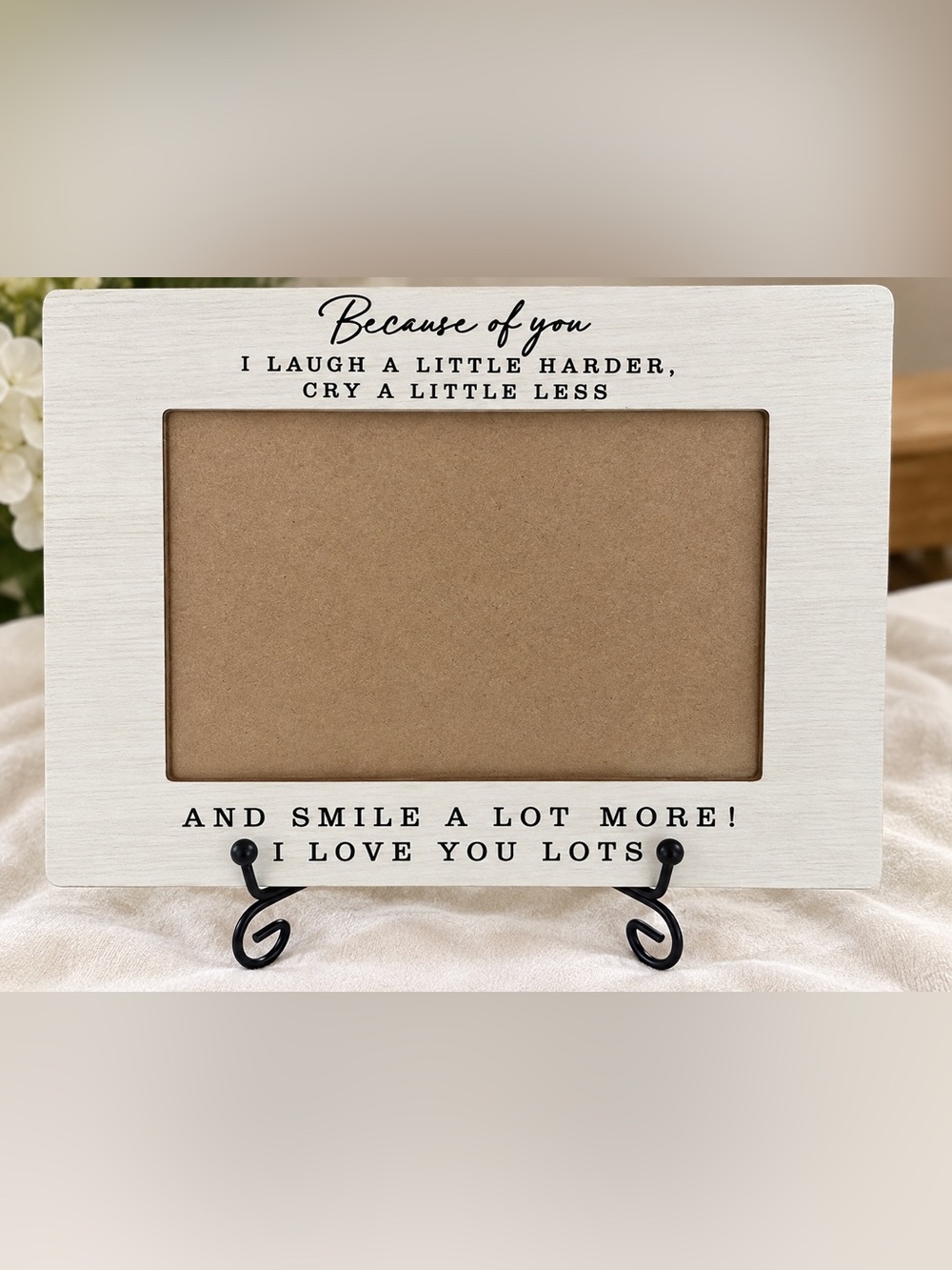 Rustic White Because of You Sentimental Photo Frame with Metal Easel Stand